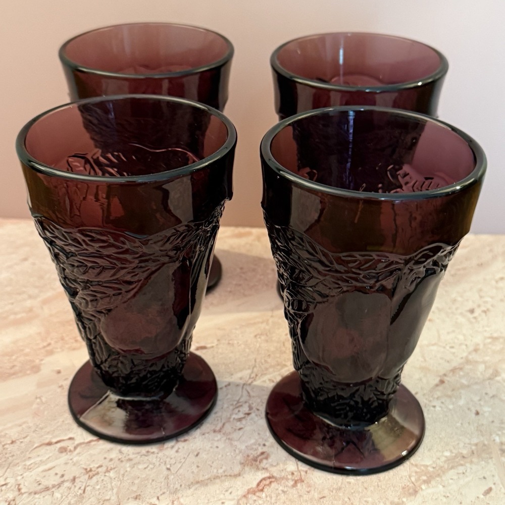 Vintage Indiana Glass Tiara Sweet Pear Purple Amethyst Set of 4 Tumblers MCM